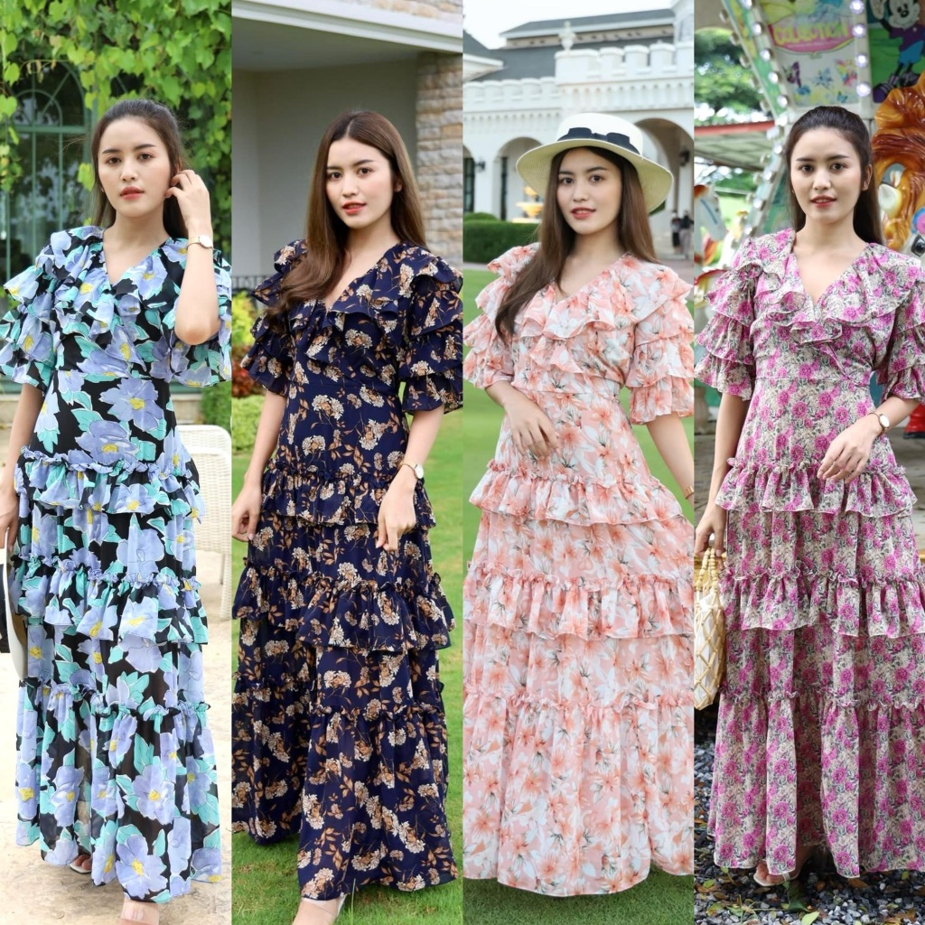 Lalin เดรสยาวผ้าชีฟอง รุ่นเจ้าหญิง ฟรีไซส์ ช่วงเอวมีสายผูก เดรสออกงาน เดรสแต่งระบาย เดรสลายดอก D590-0019