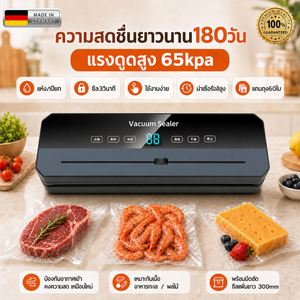 【รับประกัน30ปี】เครื่องซีล Vacuum Sealer ใช้เปียกและแห้ง แรงดูดสูง ยาวขึ้น มีดตัดแบบเลื่อน เครื่องซีล ฟรีถุง60ใบ สูญญากาศ