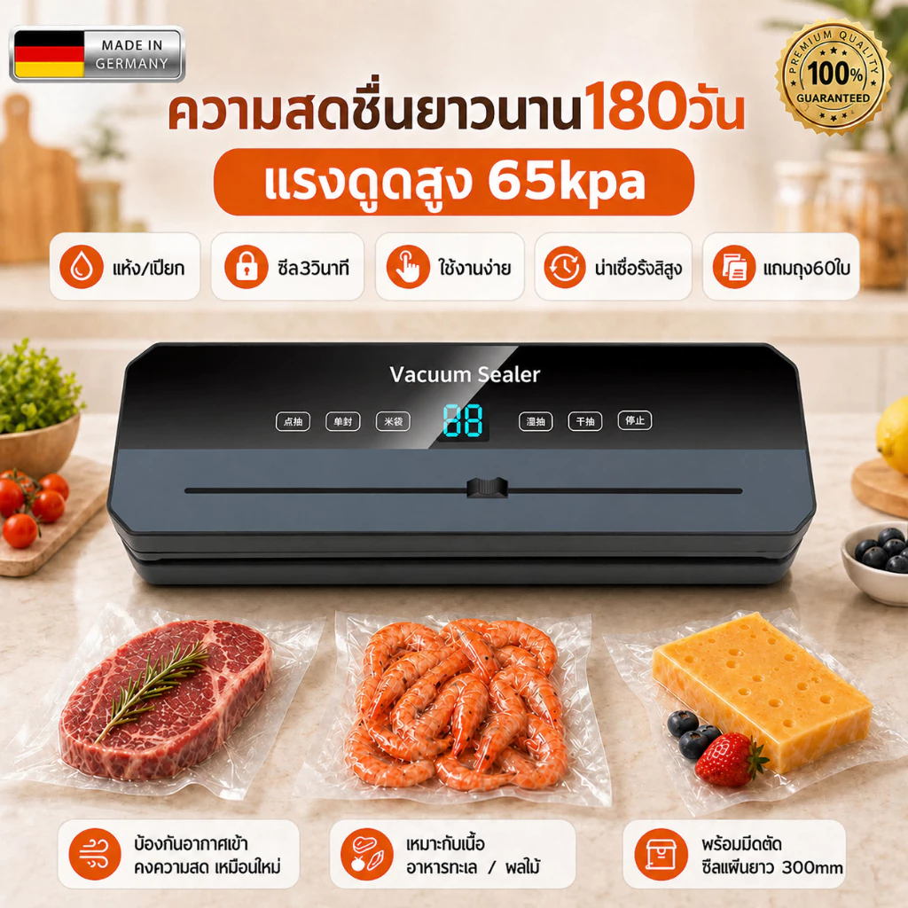 【รับประกัน30ปี】เครื่องซีล Vacuum Sealer ใช้เปียกและแห้ง แรงดูดสูง ยาวขึ้น มีดตัดแบบเลื่อน เครื่องซีล ฟรีถุง60ใบ สูญญากาศ
