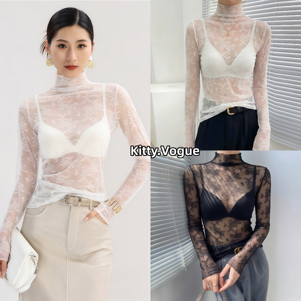 Kitty.Vogue เสื้อผู้หญิงคอเต่าสีพื้นแขนยาวลูกไม้ ทรงเข้ารูป สวมใส่สบาย ระบายอากาศได้สไตล์เกาหลี FYC89-0