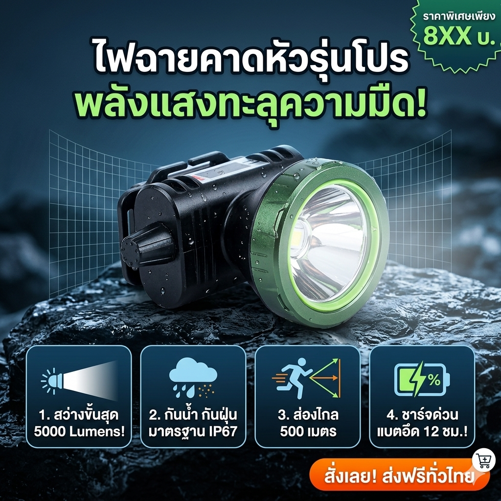 ไฟฉายคาดหัว LED รุ่น MP-5600 แบตเตอรี่ลิเธียม ความจุ 1500mAh ส่องสว่างยาวนาน