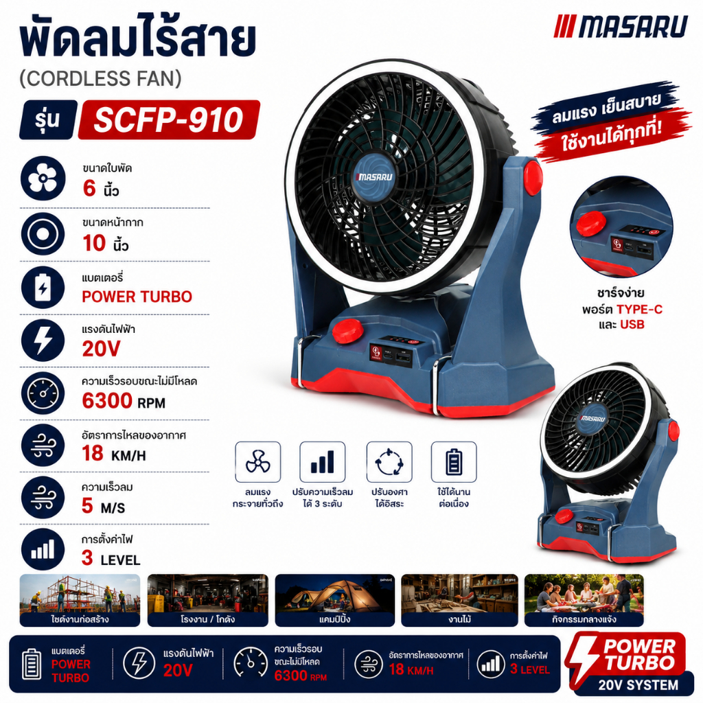 พัดลมไร้สาย MASARU SCFP-910 พัดลม 10นิ้ว ชาร์จได้ ปรับระดับ-แขวนได้ สำหรับเดินป่า ตั้งแคมป์ บ้าน