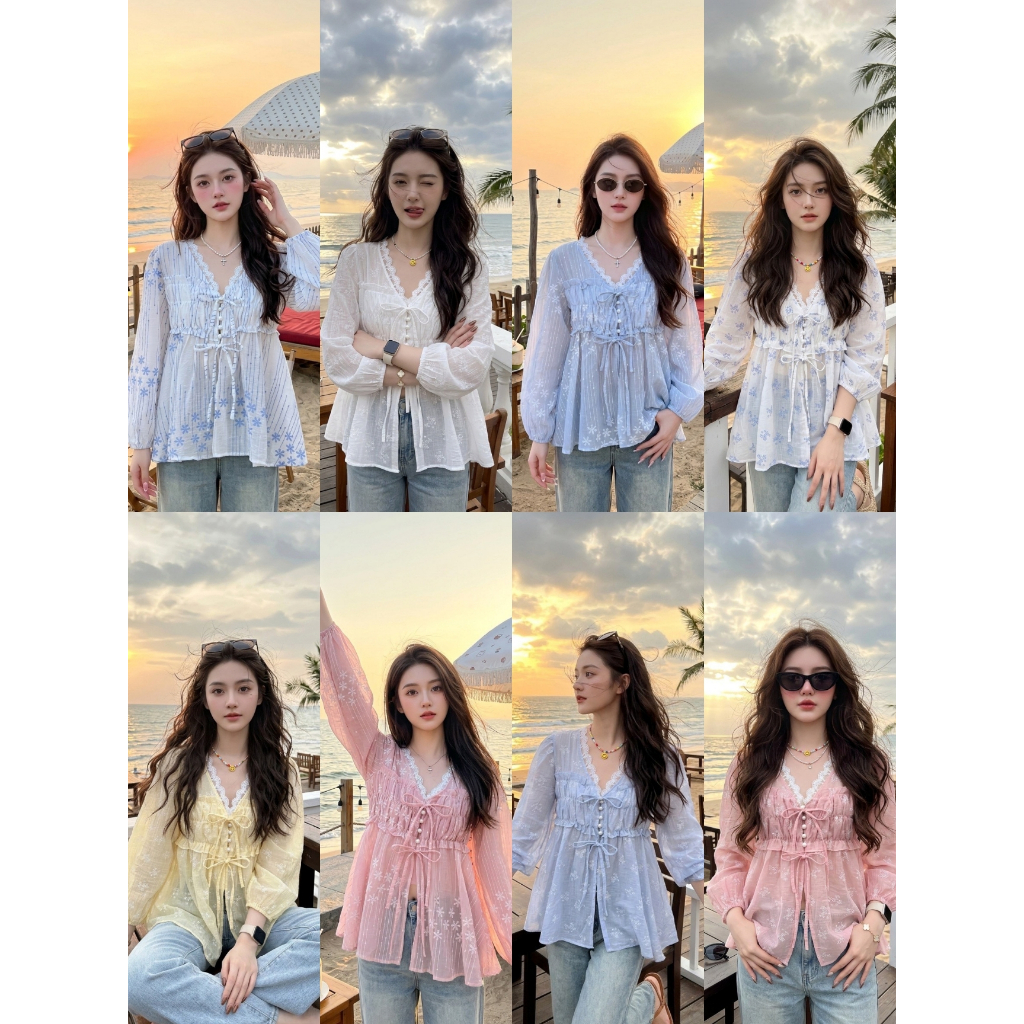 เสื้อแขนยาวคอวีแต่งขอบลูกไม้กระดุมหน้าผูกโบว์2ชั้น