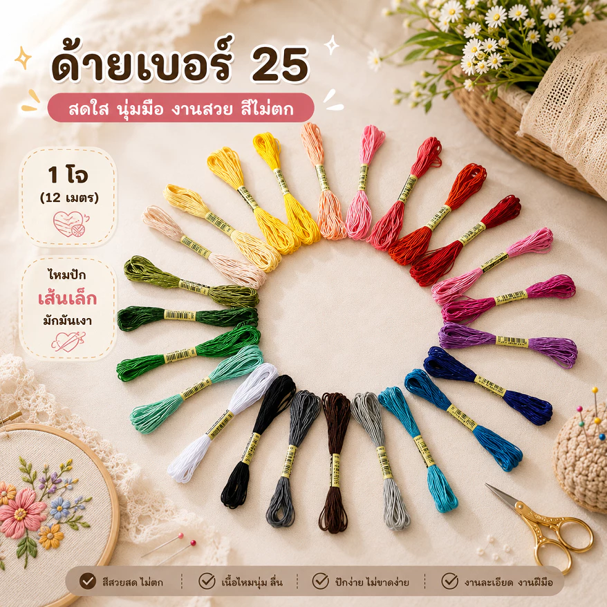 ด้ายมุกมัน ไหมมุกมัน ไหมปักชื่อ ด้ายวีนัส ไหมปักชื่อนักเรียน #25 ความยาว 12 เมตร ยี่ห้อวีนัส ด้ายมุขมัน ต่อใจ