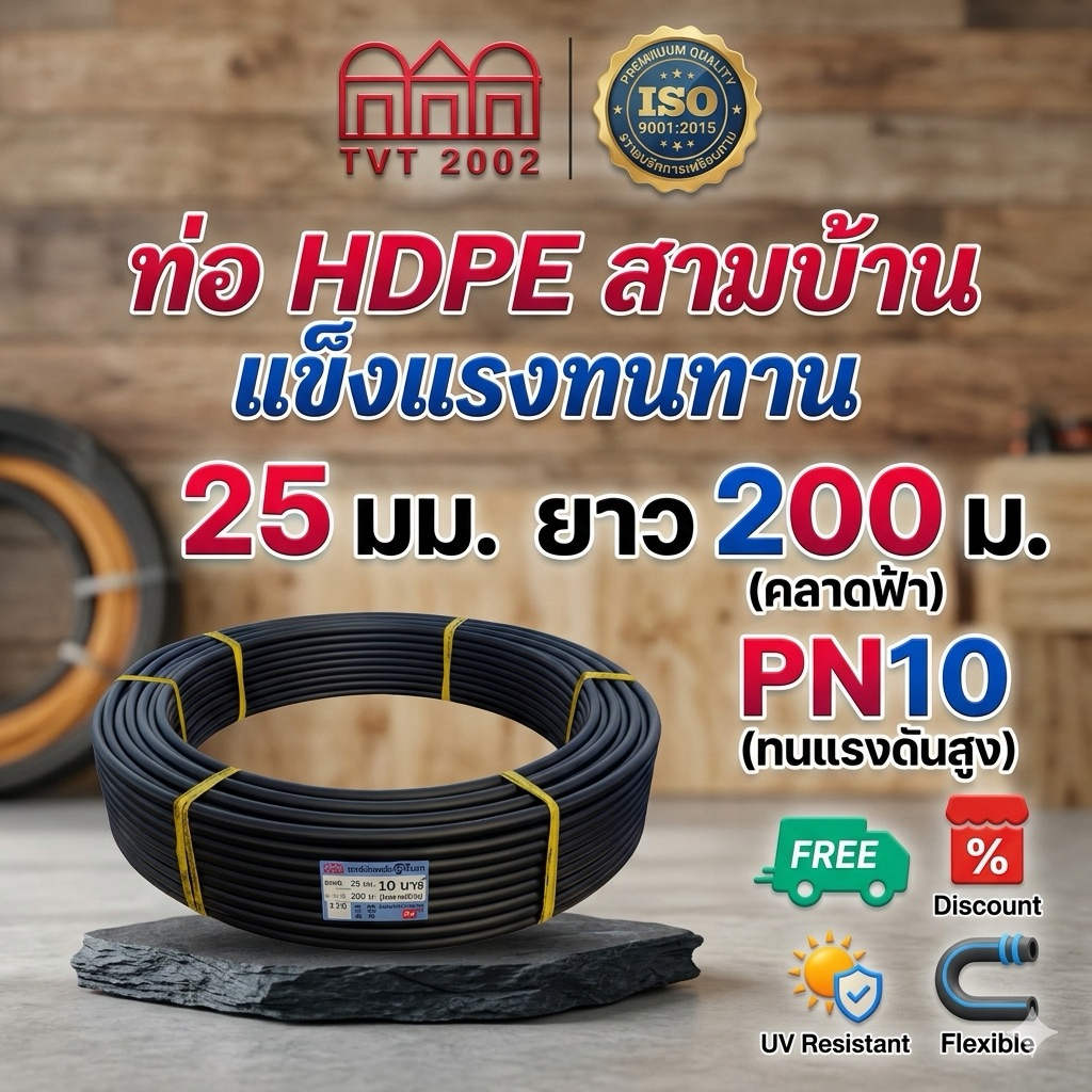 shophome468 สามบ้าน ท่อ HDPE 25มม. PN10 PE100 ยาว 200ม. (คาดฟ้า) รับประกันของเเท้