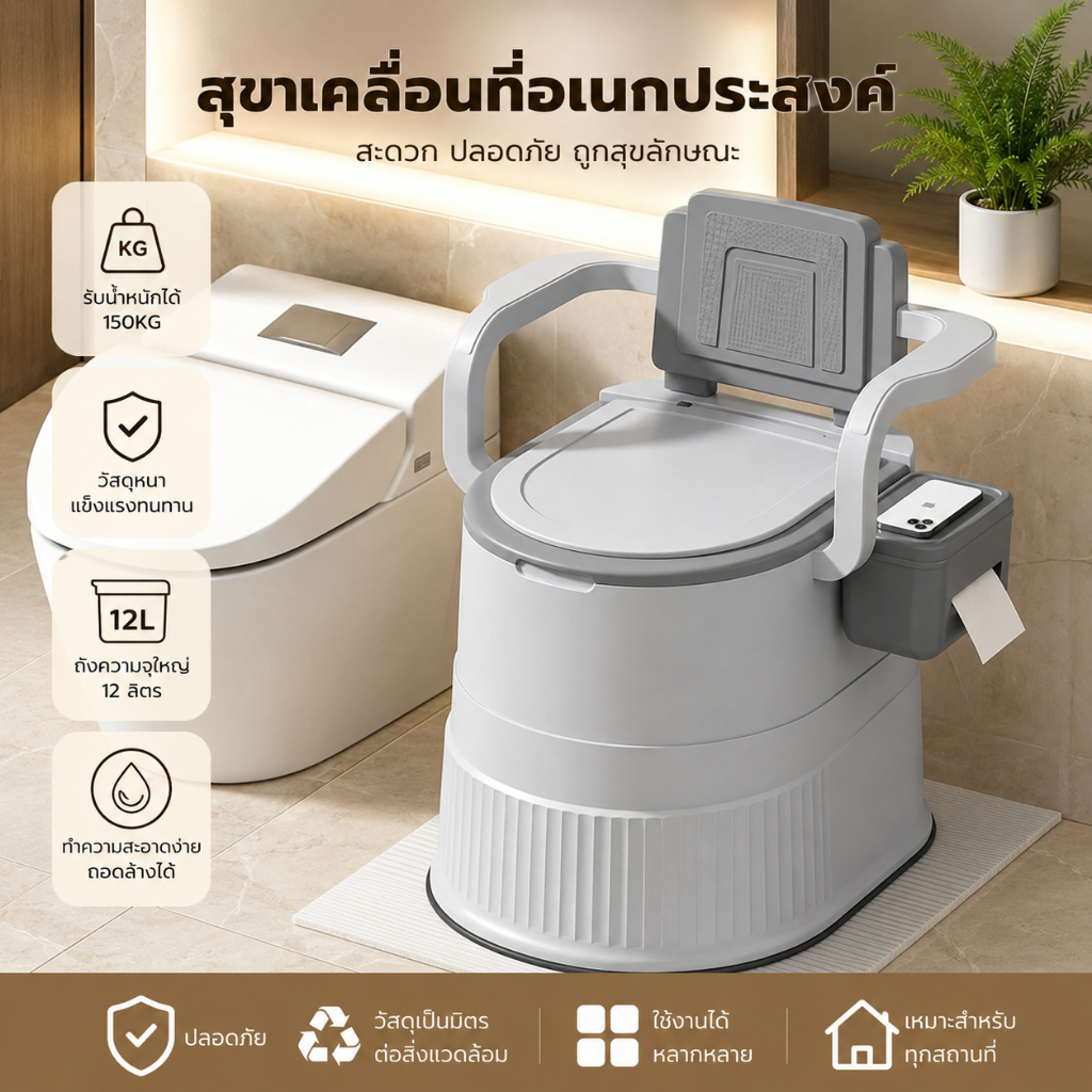 LESS ส้วมเคลื่อนที่ ห้องน้ำพกพา สามารถรับน้ำหนักได้ 250กก ผู้สูงอายุ คนท้อง มีราวจับและพื้นกันลื่น