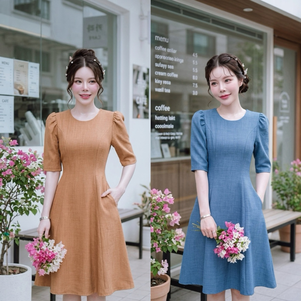 D803 เดรสยาวแขนยาว ผ้าสโนว์ฟลอร่า (คอตตอลลินิน) ตีเกร็ดอก กระเป๋าล้วง ความยาว39-40นิ้ว ใส่ทำงาน ออกงาน ไปงานแต่ง
