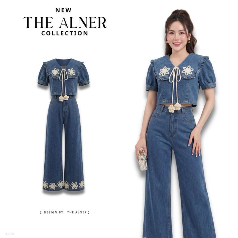 Thealner-AN970 (เซตเสื้อยีนส์คอปกปะกดอกแขนตุ๊กตากางเกงขายาว)