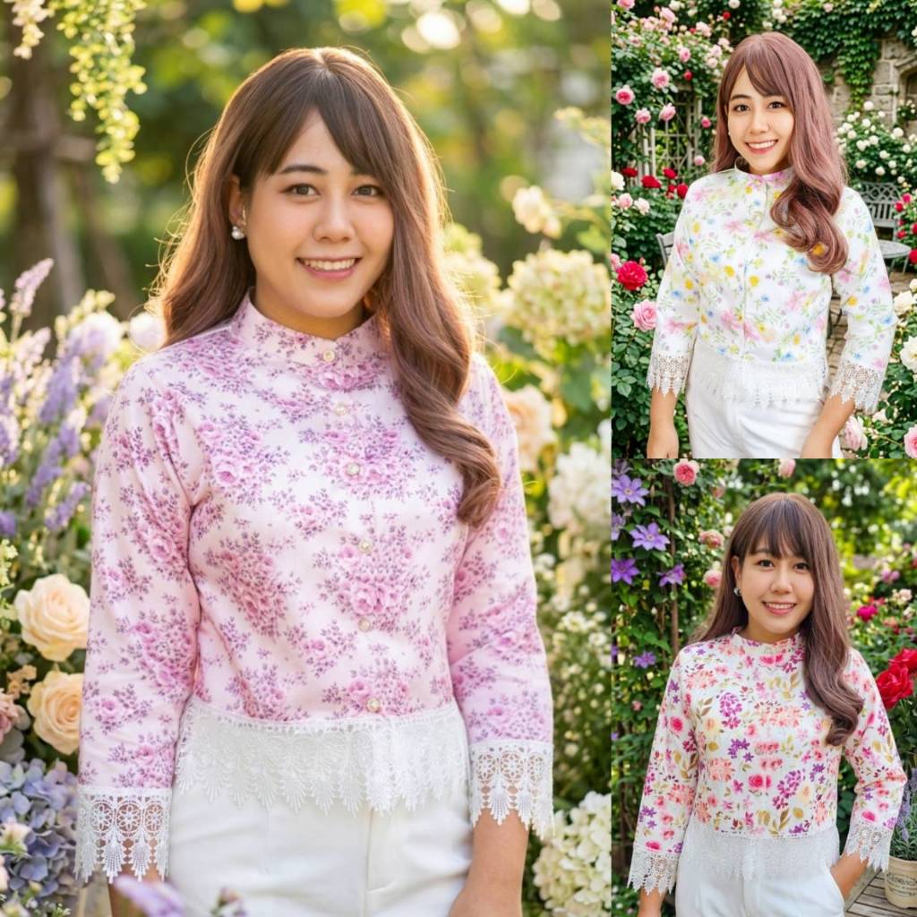 อก34-54นิ้วเสื้อใยกัญชงพิมพ์ลายดิจิตอลอัดกาวแต่งเชิงลูกไม้พรีเมี่ยม