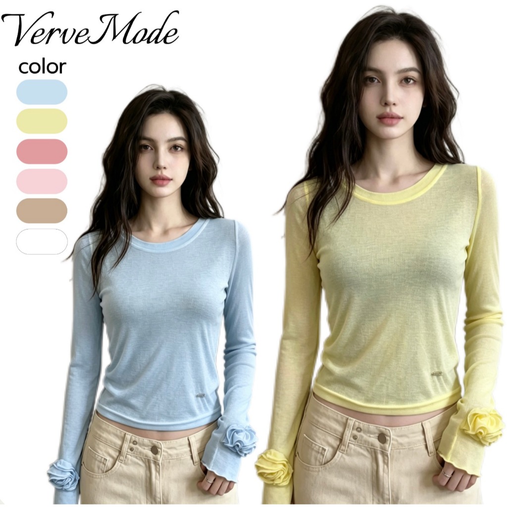 VerveMode.🍓จัดส่งในประเทศไทย🍓เสื้อยืดแขนยาวเข้ารูป ดีไซน์ลายดอกคามิเลียสีชมพู รุ่นใหม่ปี 2026 สำหรับผู้หญิง