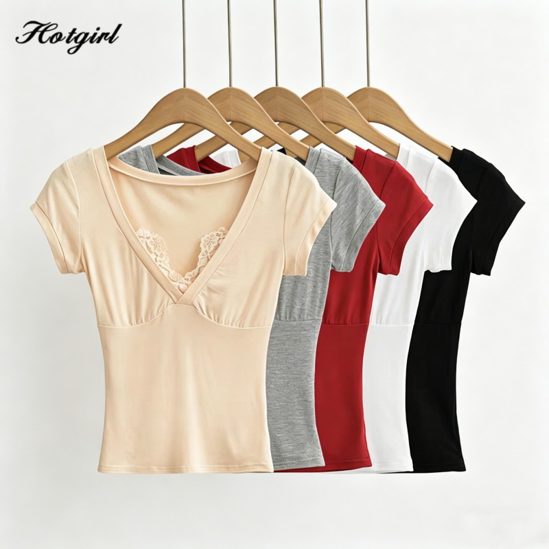 Hotgirl พร้อมส่ง เสื้อยืดคอวีแขนสั้นแฟชั่นสตรี ดีไซน์การต่อลูกไม้สุดเซ็กซี่และเก๋ไก๋ ทรงสลิมฟิตสไตล์เกาหลีเซ็กซี่