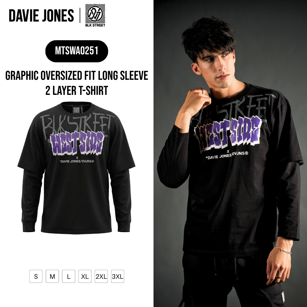 DAVIE JONES [BLK STREET] เสื้อยืดแขนยาวผู้ชาย Graphic Oversized Fit Long Sleeve 2 Layer T-Shirt สีดำ WA0251