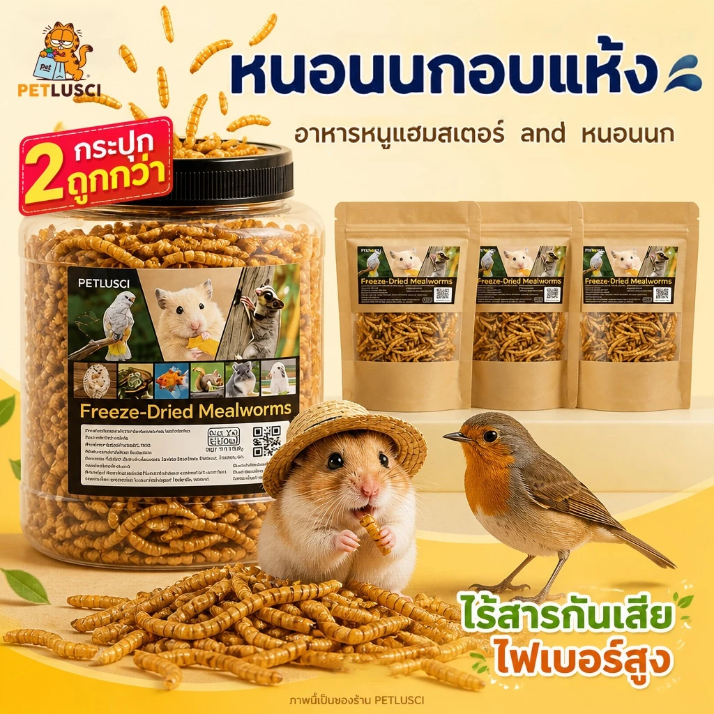 หนอนนกอบแห้ง หนอนอาหาร 1300ML โปรตีนสูง หนอนอบแห้ง สำหรับแฮมสเตอร์ เม่น กระรอก นก | Dried Mealworms
