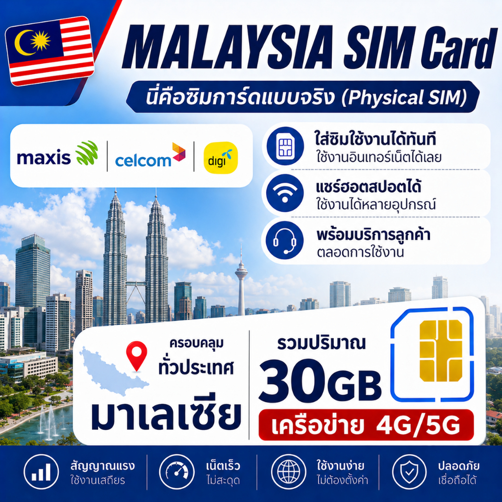 MY Malaysia SIM ซิมมาเลเซีย 4G/5G อินเทอร์เน็ตความเร็วสูง ใช้งานได้ทันทีทั่วประเทศ｜เลือกแพ็กเกจได้ 3