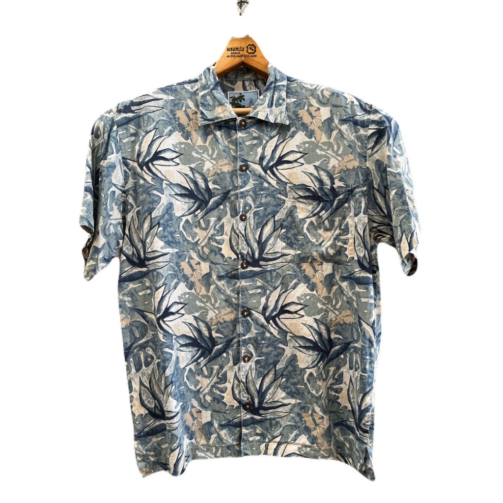 เสื้อฮาวาย อก46 ไหล่19 ยาว29 Made in USA สีฟ้า แบรนด์ AFTCO Bluewater 60%Cotton+40%Rayon (T22) มือสอ