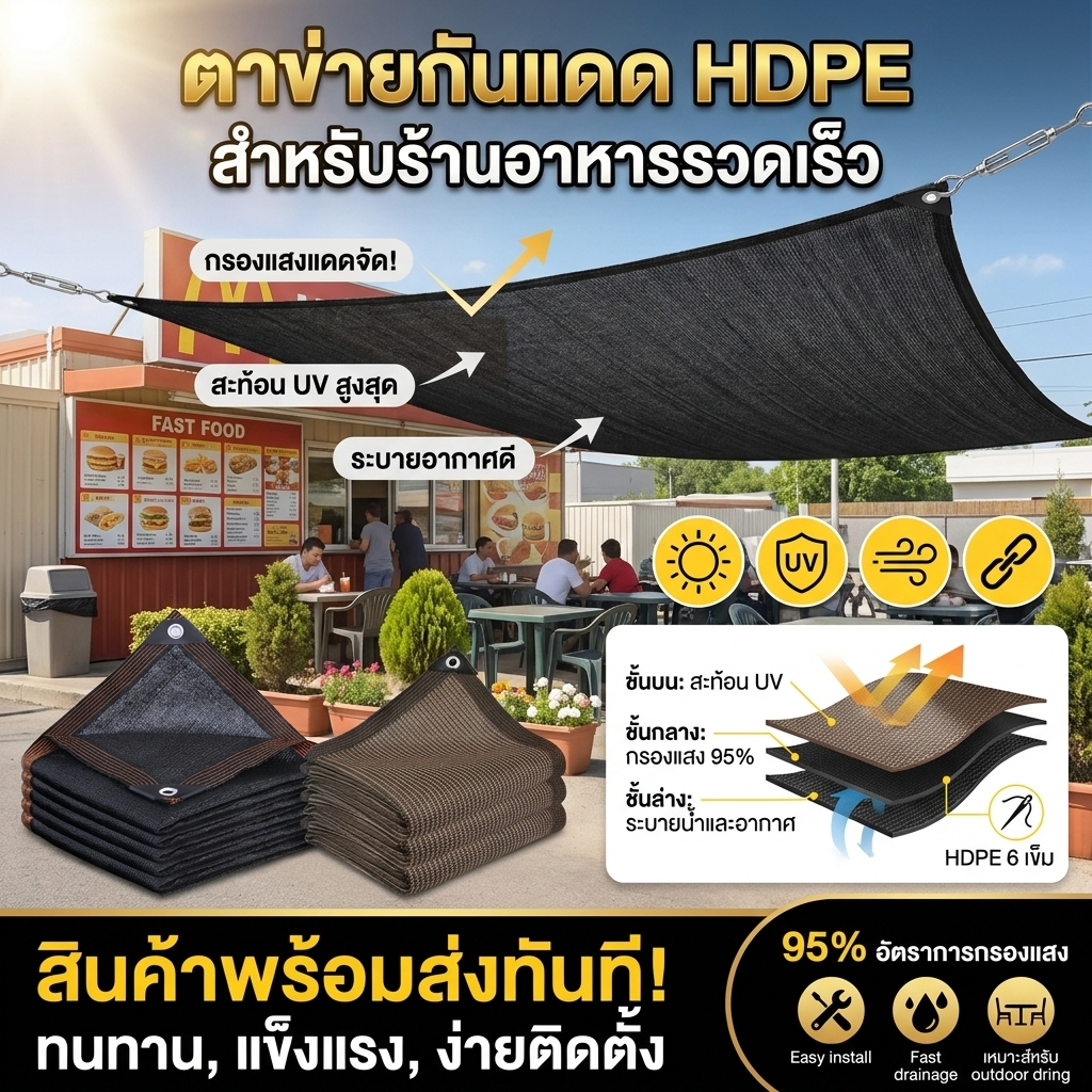 ผ้ากันแดดกันร้อน สีดำ/น้ำตาล HDPE ขนาด 1×3 ถึง 4×5 ม. แข็งแรงทนแดด