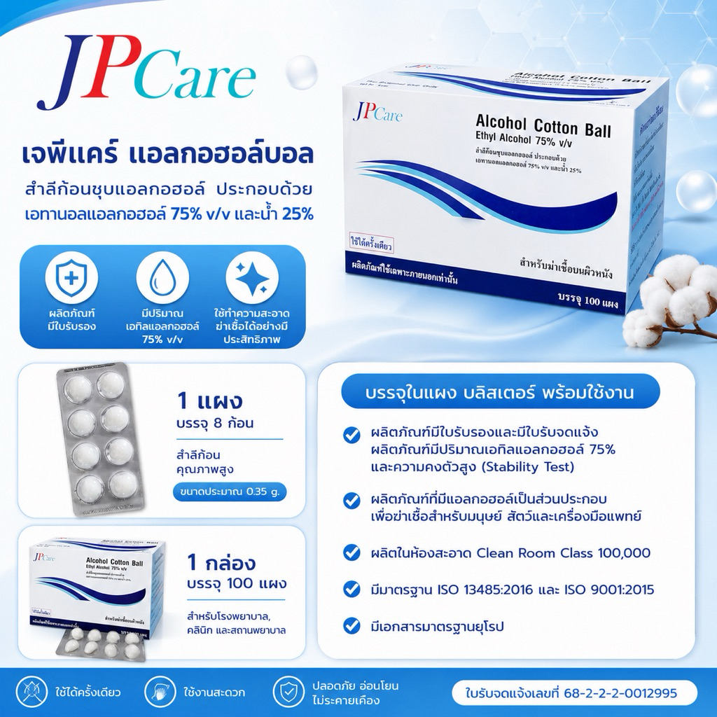 แอลกอฮอล์หลุมยี่ห้อ JP Care (กล่อง100แผง) อย.ไทย ของเเท้ราคาดีที่สุดพร้อมส่ง