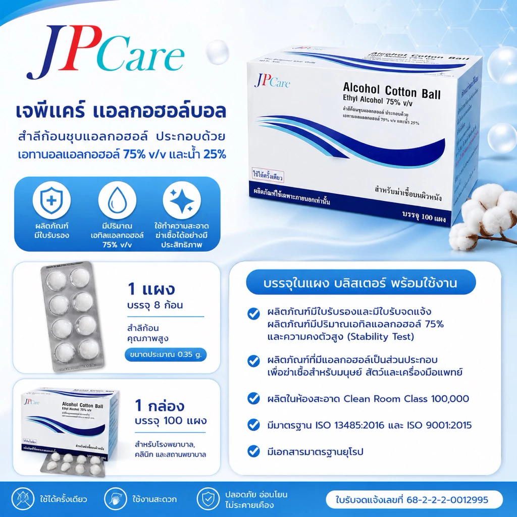 แอลกอฮอล์หลุมยี่ห้อ JP Care (กล่อง100แผง) อย.ไทย ของเเท้ราคาดีที่สุดพร้อมส่ง