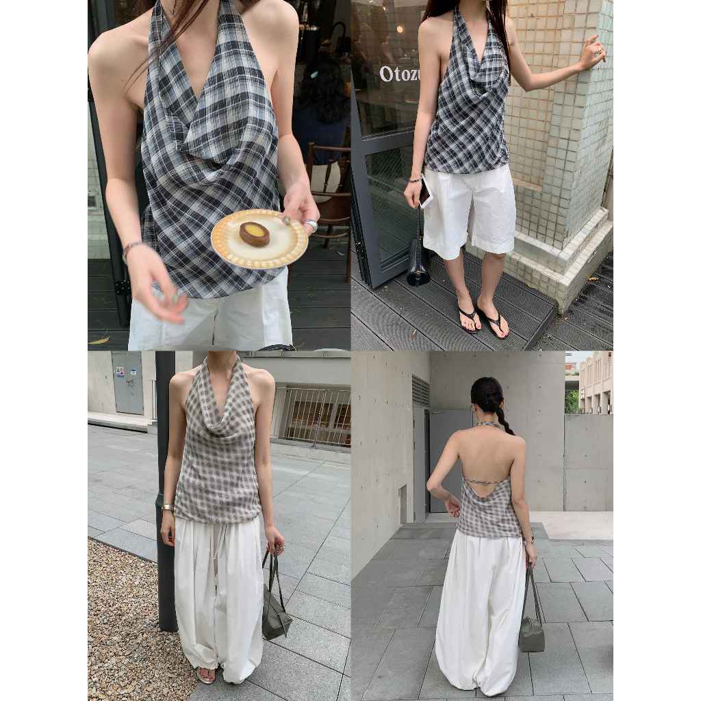 INBYIN - เสื้อคล้องคอลายสก็อต PLAID COWL NECK TOP - I3673
