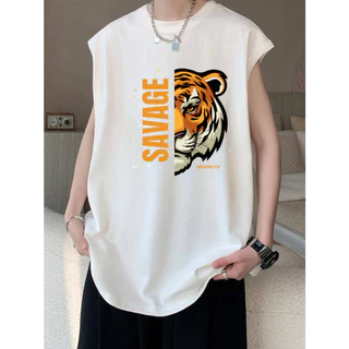เสื้อยืดแขนกุด ลายเสือครึ่งหน้า เท่ๆ ผ้าใส่สบาย ใส่ได้ทั้งชายหญิง OP-1169