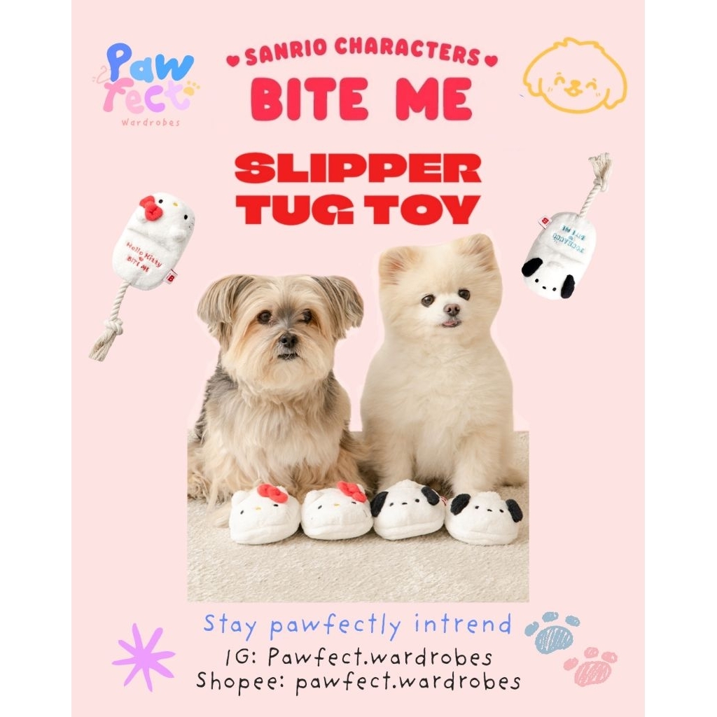 [พร้อมส่ง] bite me x sanrio slipper tug toy ของเล่นน้องหมา รูปรองเท้า ฝึกทักษะได้ มีเสียงปิ๊บ