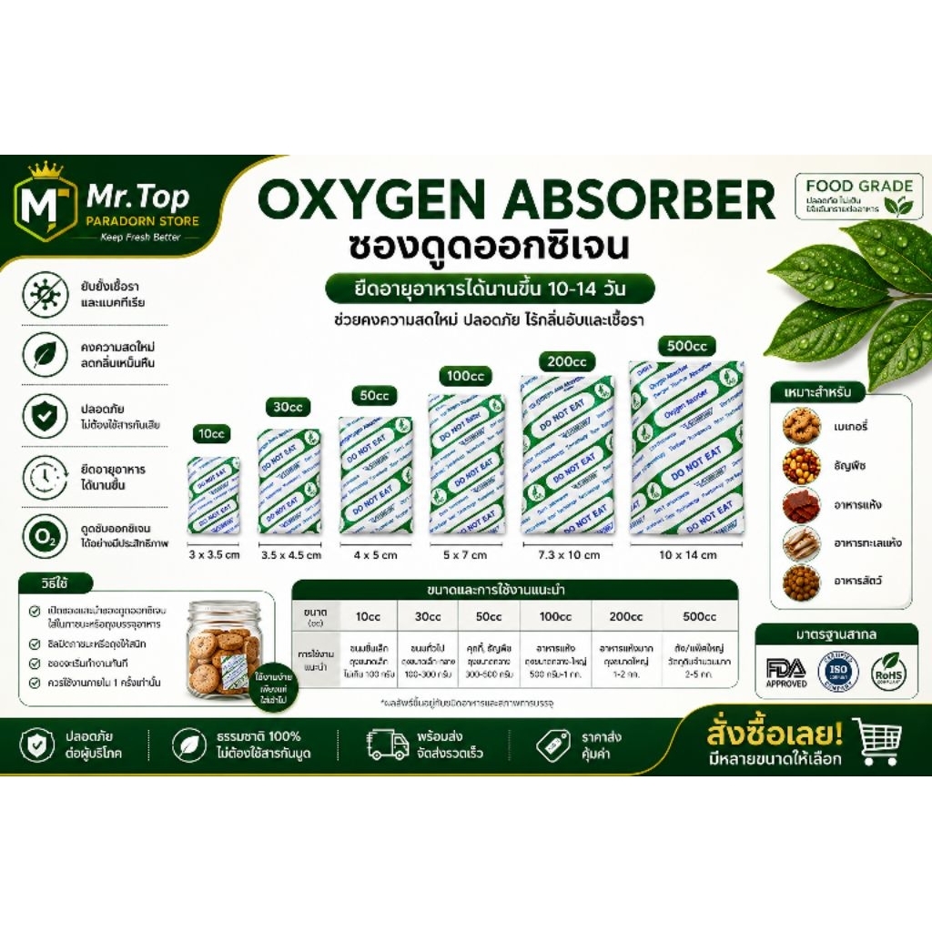 ถนอมสุขThanom Sook ซองดูดออกซิเจน Oxygen Absorber 10/30/50/100cc ถนอมอาหาร กันบูด ยืดอายุขนม ลดเชื้อ