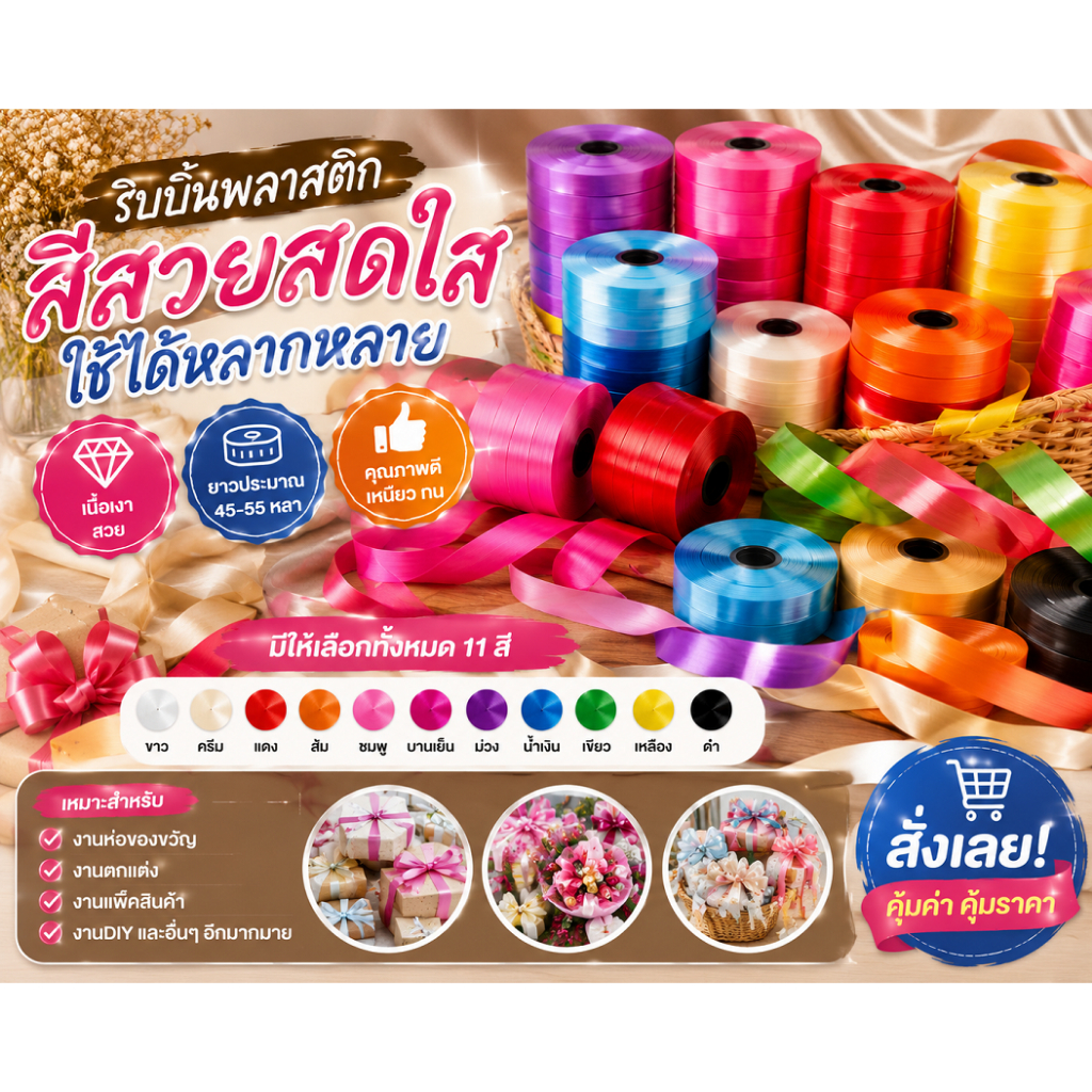 ริบบิ้นห่อเหรียญ ริบบิ้นพวงมาลัย ริบบิ้นตราดอกไม้ ไม่มีปก ขายเป็นกิโล เบอร์ 2,3,5,9