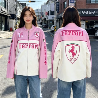 【พร้อมส่งไทย】F1 Ferrari แจ็คเก็ต เสื้อแข่งรถ ลำลอง อเมริกันย้อนยุค ปักลาย กันลม แบบมีซิป สำหรับผู้ชายผู้หญิง
