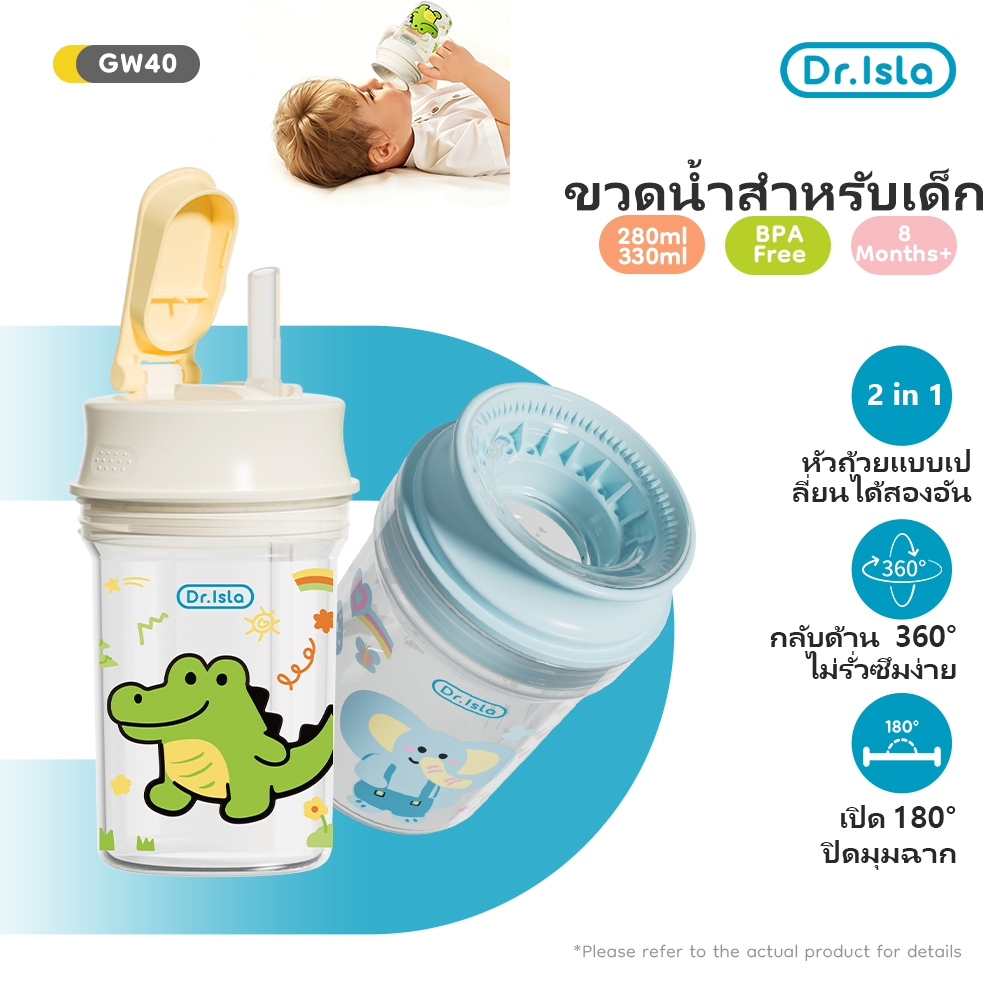 Dr.Isla ขวดน้ำสำหรับเด็ก ขวดน้ำสำหรับเด็ก หัดดื่มน้ำ  2 in 1 ก๊อกน้ำสองตัวสามารถเปลี่ยนได้ GW40