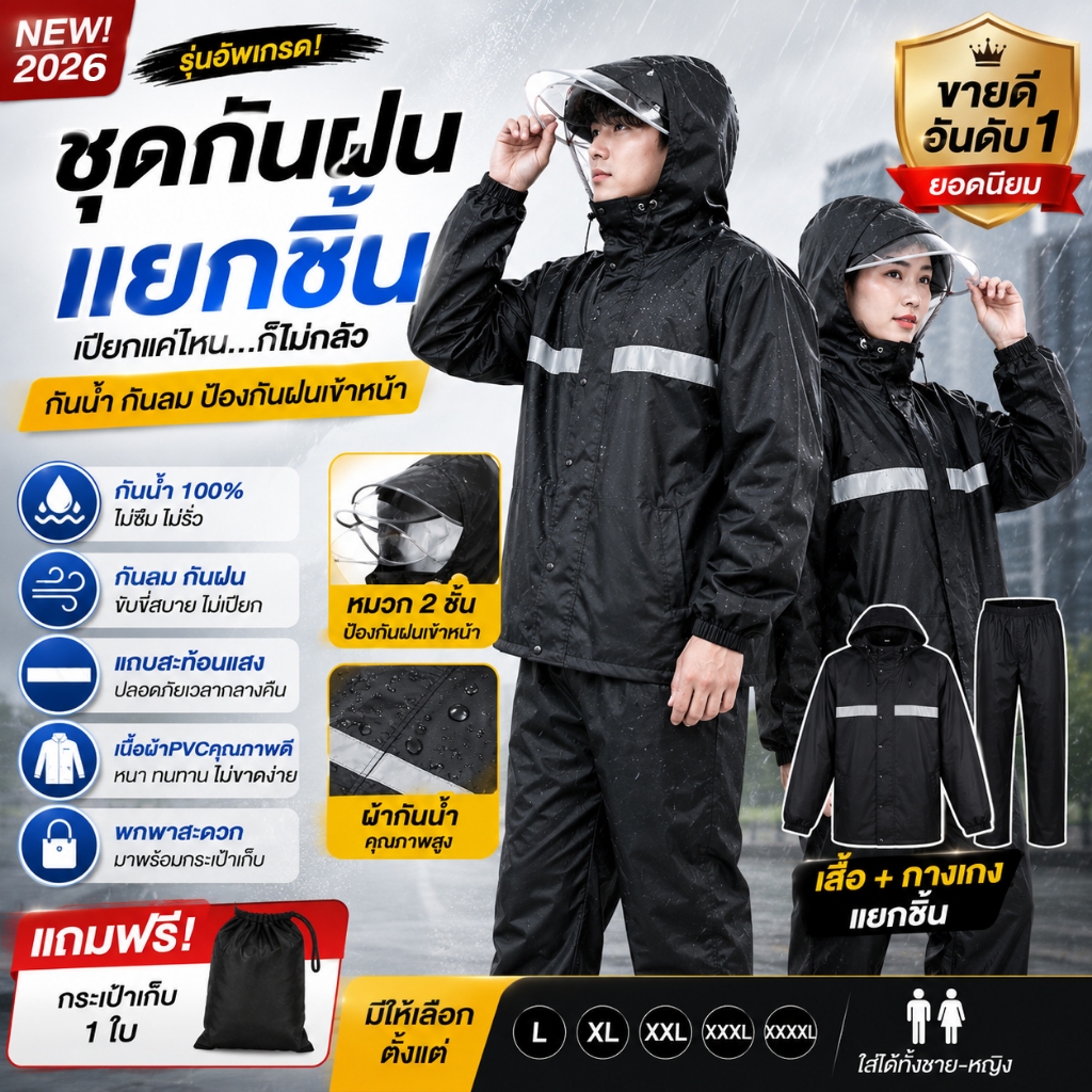 💦ชุดกันฝนแยกชิ้น💦กันน้ำ100% รุ่นหมวก2ชั้น เสื้อกันฝนมอเตอร์ไซค์ ชุดกันฝนผู้ใหญ่ PVC หนา กันลม มีแถบสะท้อนแสง สีดำ