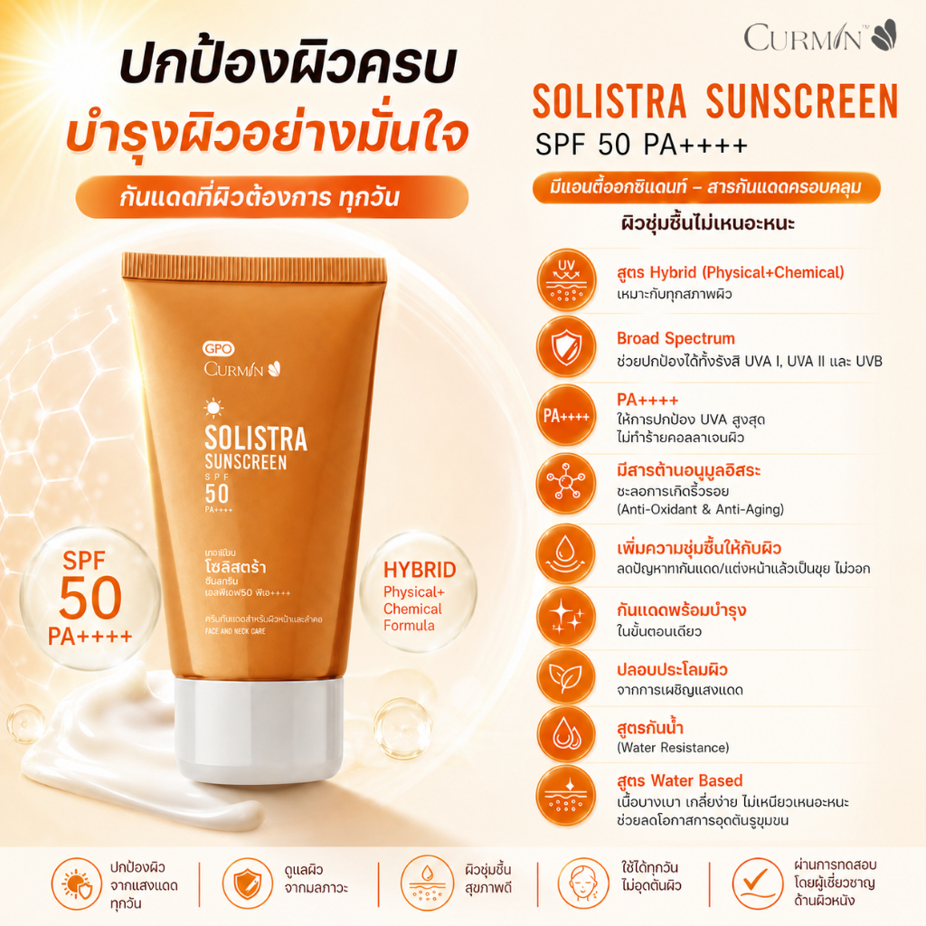 (EXP.09/27) Curmin Solistra Sunscreen Spf 50 Pa++++ 50g Hybrid Sunscreen Cream ครีมกันแดด กันน้ำ