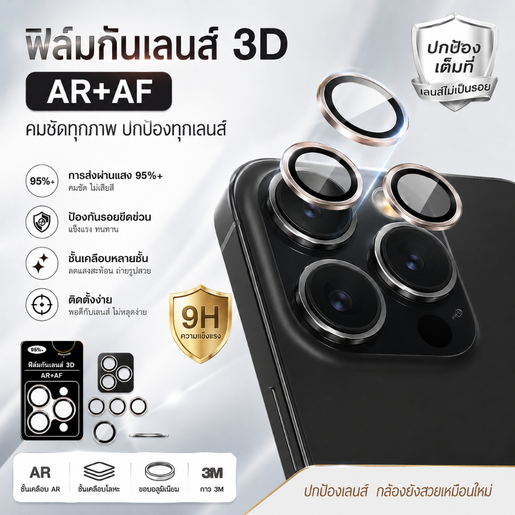 ฟิล์มเลนส์กล้อง iPhone13-17 Pro Max HD ใสพิเศษ ถ่ายชัด กันรอย กันแตก กันกระแทก ลดคราบนิ้ว แข็งแรง 9H