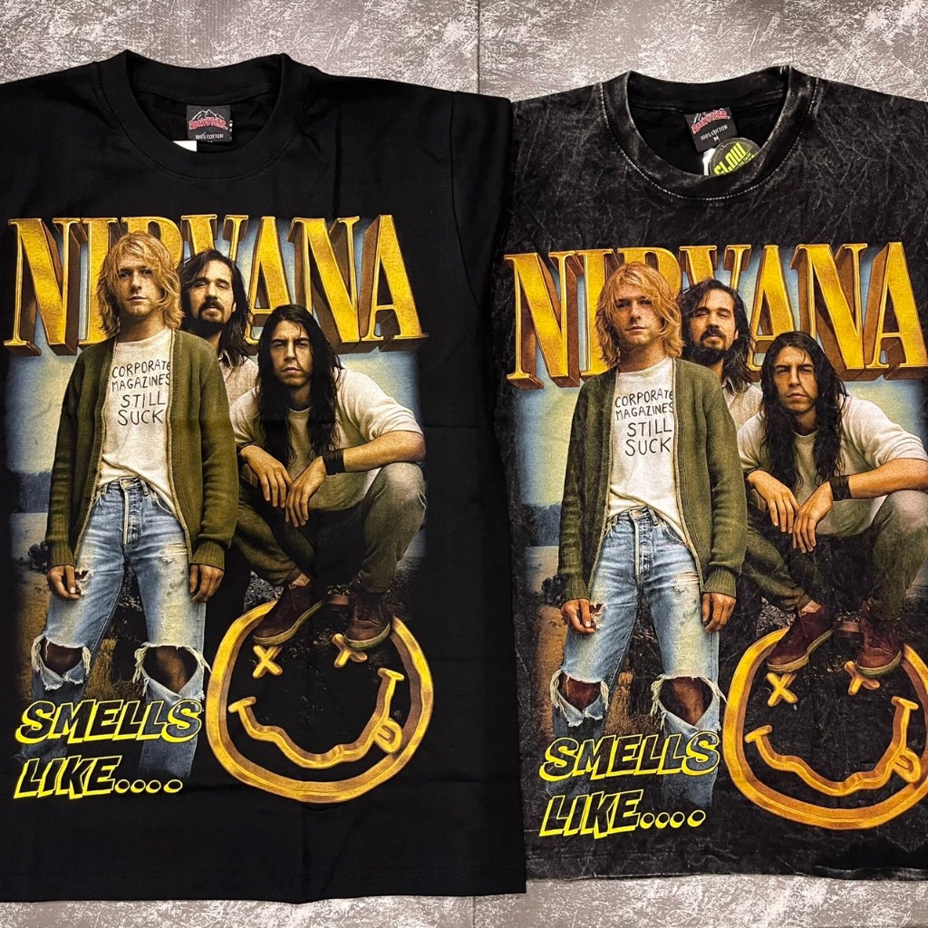 เสื้อยืดผ้าดำ-ผ้าฟอก เนอวาน่าSmellsLike(ป้ายRocktee เรืองแสง) ผ้าCotton100