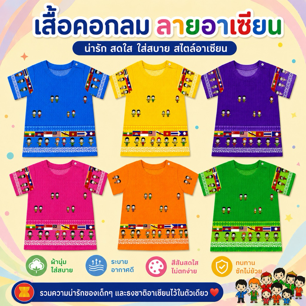 เสื้อลายไทยอาเซียนเด็กคอกลมและปก