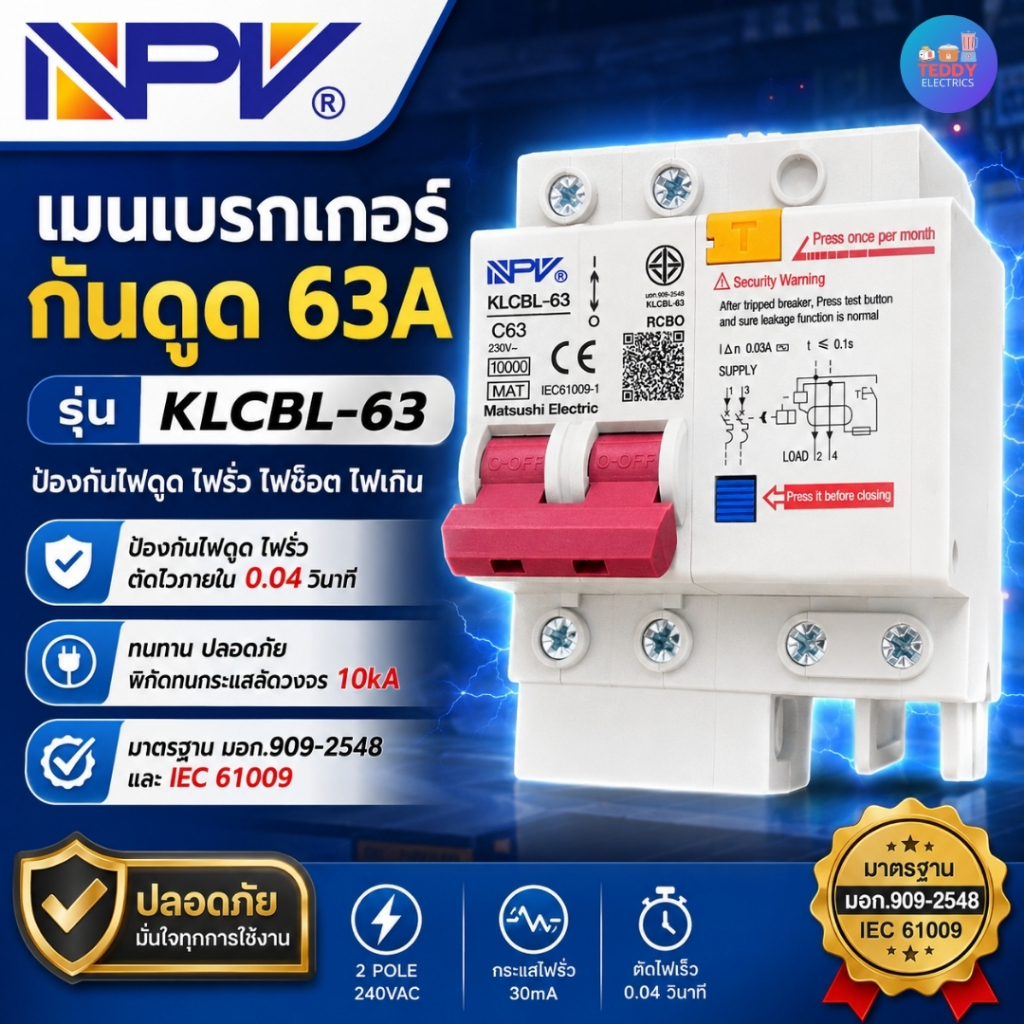 NPV เบรกเกอร์กันดูด 63A รุ่น KLCBL-63 RCBO 2P ตัดไฟอัตโนมัติ ป้องกันไฟรั่ว ไฟดูด ไฟเกิน มาตรฐาน มอก.