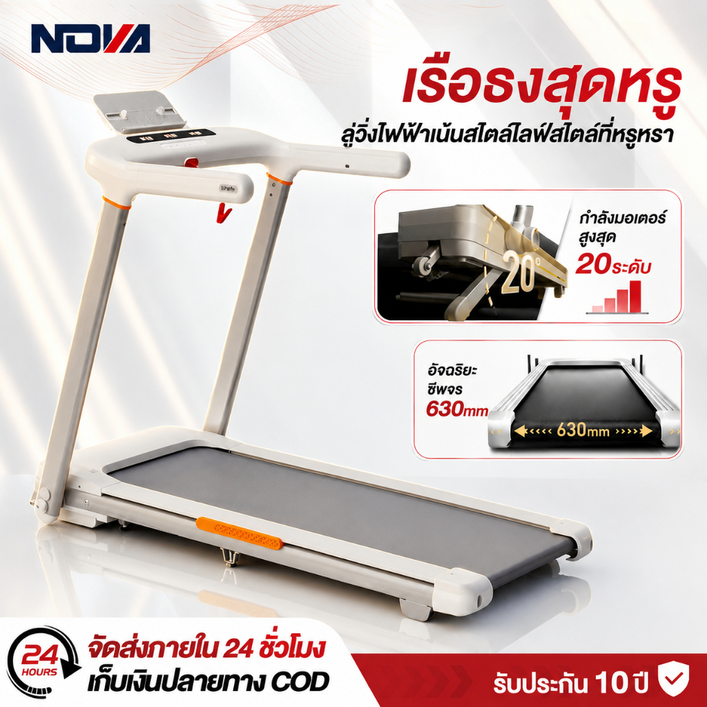 ลู่วิ่งไฟฟ้า U2 ลู่วิ่ง พับได้ มอเตอร์ 5.2HP ปรับความชันไฟฟ้า 20 ระดับ วัดอัตราหัวใจแบบพัลส์ที่มือจับ