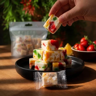 นูกัตคิวบ์ 200g. นูกัตผลไม้ที่ให้เครื่องผลไม้แน่นๆ รสชาติเปรี้ยวหวานทานง่ายอร่อย พกพาสะดวก