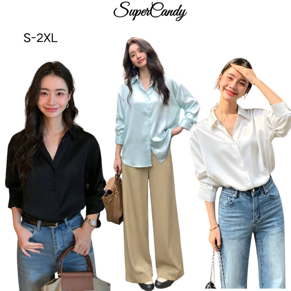 SuperCandy🌷เสื้อเชิ้ตผ้าซาตินสไตล์ฝรั่งเศส ผู้หญิง แขนยาว7ส่วน ดีไซน์เก๋ไม่เหมือนใคร ใส่ช่วงฤดูร้อนสวยมาก