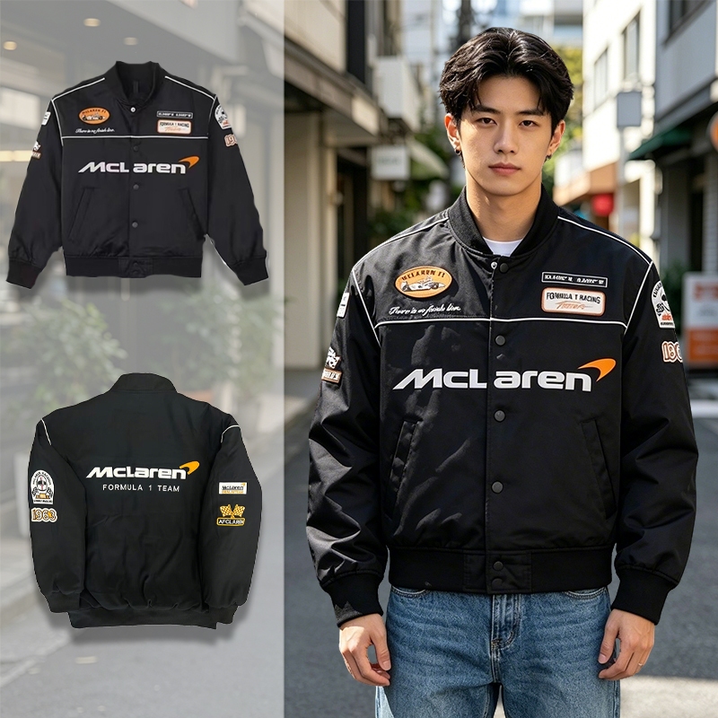 【พร้อมส่ง】F1 McLaren แจ็กเก็ตรถแข่งผู้ชาย สไตล์สปอร์ต ปักลายทั้งตัว แขนยาว กันน้ำกันลม ทรงหลวม มีกระดุมสแน็ป