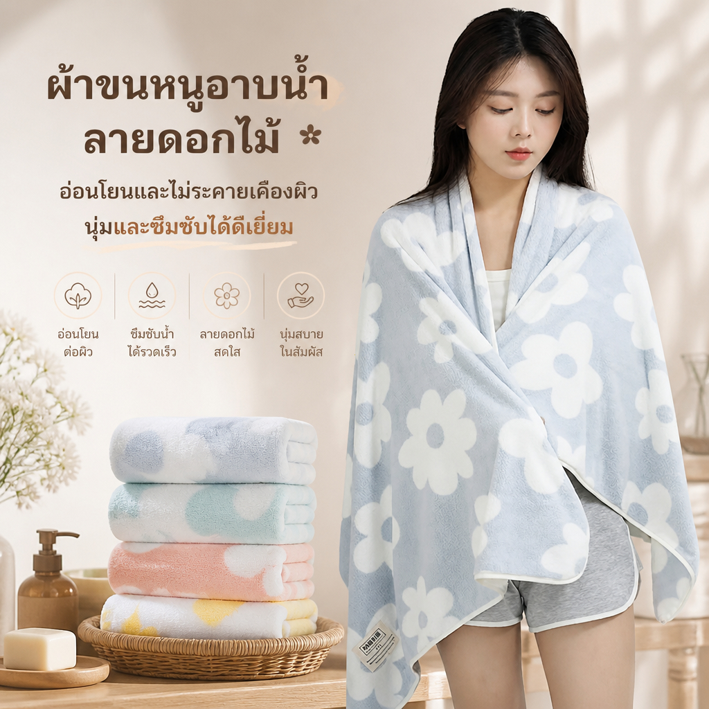 【ชุดที่แนะนำ: 2 ชิ้น】ผ้าเช็ดตัวลายดอกไม้ เนื้อหนา 140*70 ซม. ซึมน้ำได้ดี ผ้าฝ้าย 100% แห้งเร็ว นุ่ม และสบายผิว
