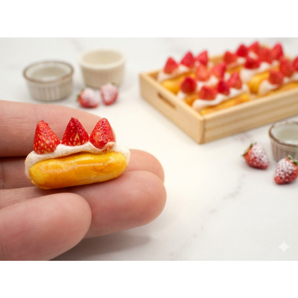 Strawberry Cream Buns (ราคา/ชิ้น)  ขนมปังครีมสดสตรอเบอร์รี่ งานดินปั้น ของจิ๋ว ของตกแต่ง ขนมจิ๋ว
