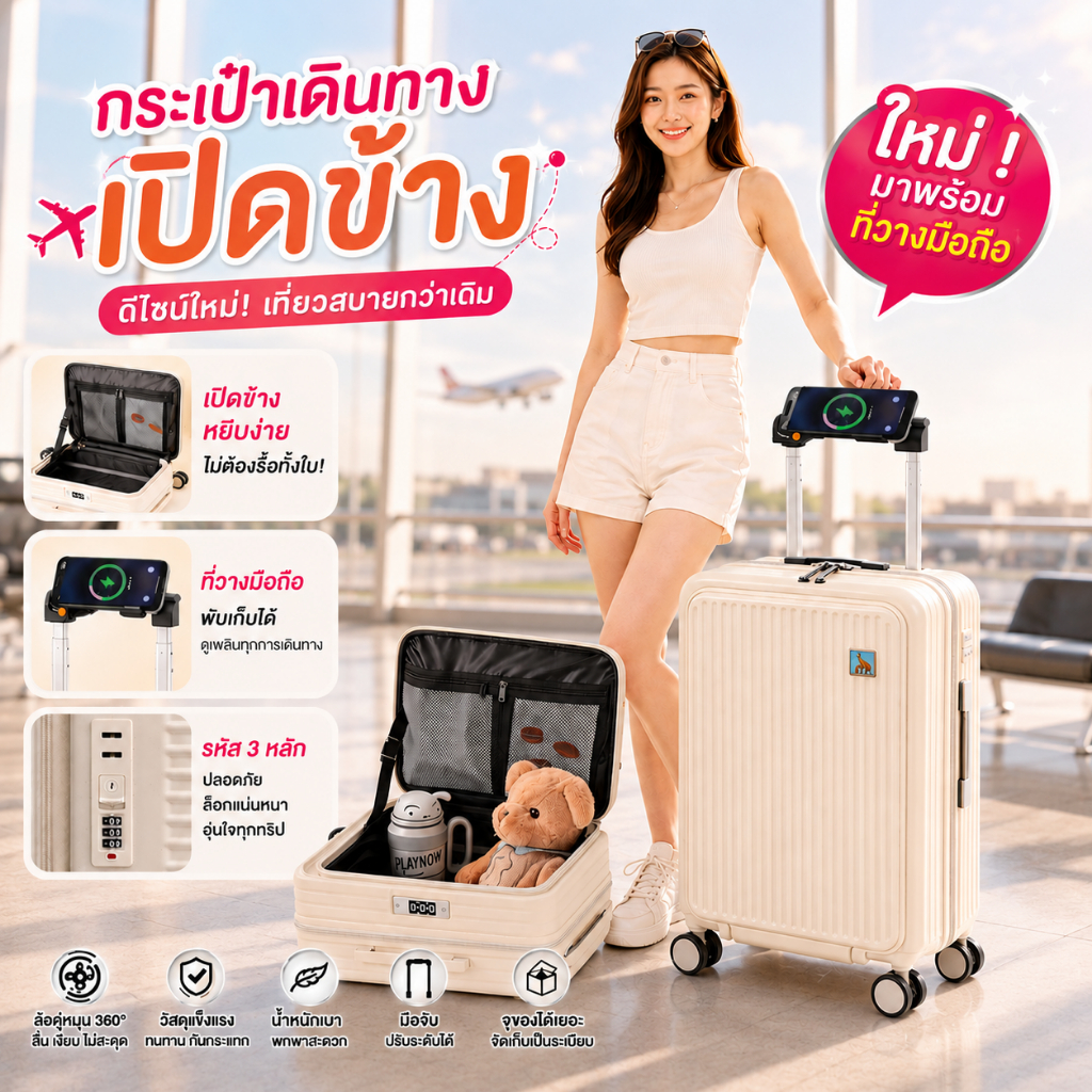 【RVMOWA】รับประกัน 1ปี กระเป๋าเดินทาง 20/24/28 กระเป๋าเดินทางเปิดฝาหน้า พร้อมซิบขยายข้าง รุ่น ซิป 2ชั้น มีระบบล็อครหัสTSA