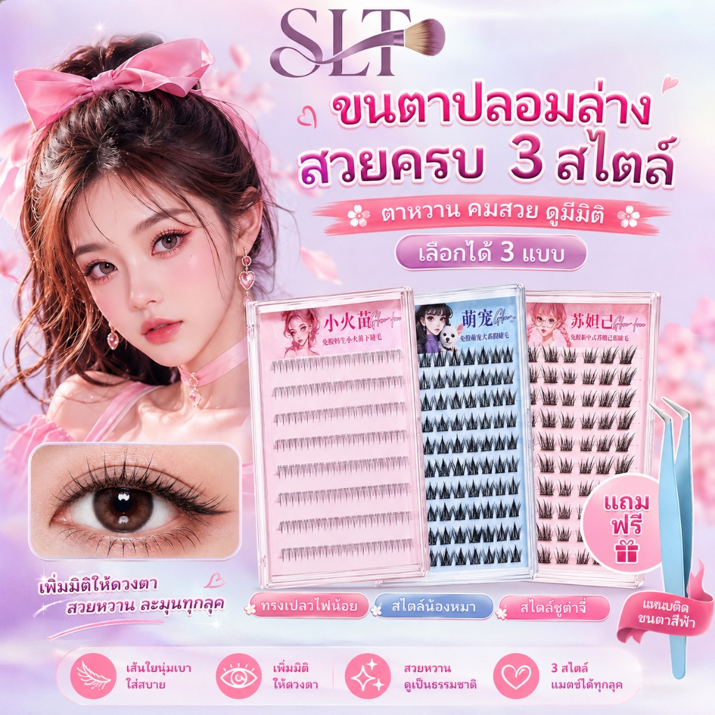ขนตาปลอม 3d ไม่ต้องใช้กาว เป็นธรรมชาติ ติดทนนาน มีกาวในตัว ใส่สบาย ขยายตา 60/100/120ช่อ 10แถว/กล่อง ใช้ซ้ำได้ EYELASHES