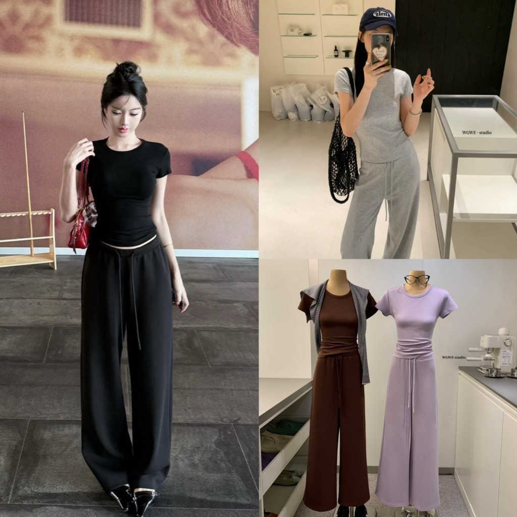 (พร้อมส่ง) Set2pcs เสื้อคอกลมแขนสั้น+กางเกงขายาวเอวยางยืดรุ่น 9620 TAG WG.WE 🇰🇷