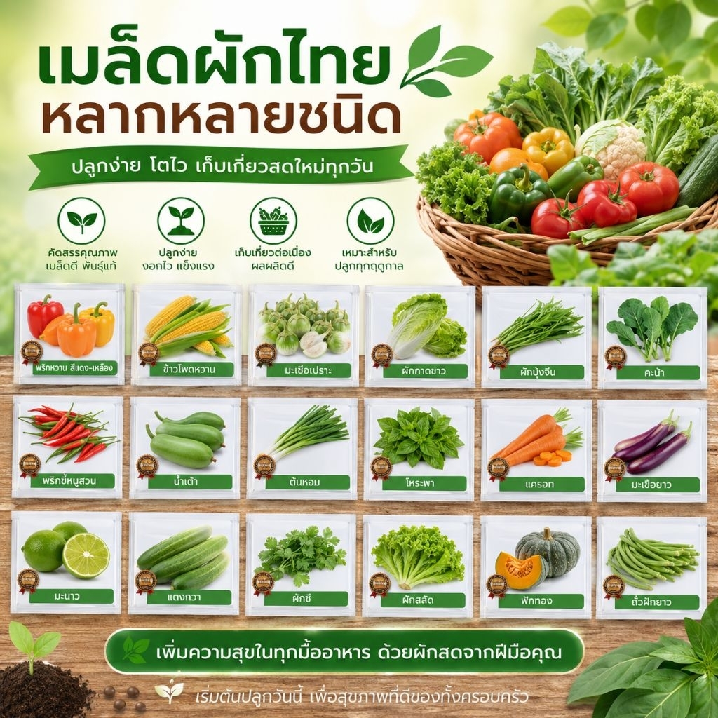 เมล็ดพันธุ์ผักไทย ผักสวนครัว หลากหลายสายพันธุ์ เมล็ดพันธุ์คุณภาพ ปลูกง่าย  สินค้าราคาถูก ราคา ถูกที่สุด ดีลบีเคเค