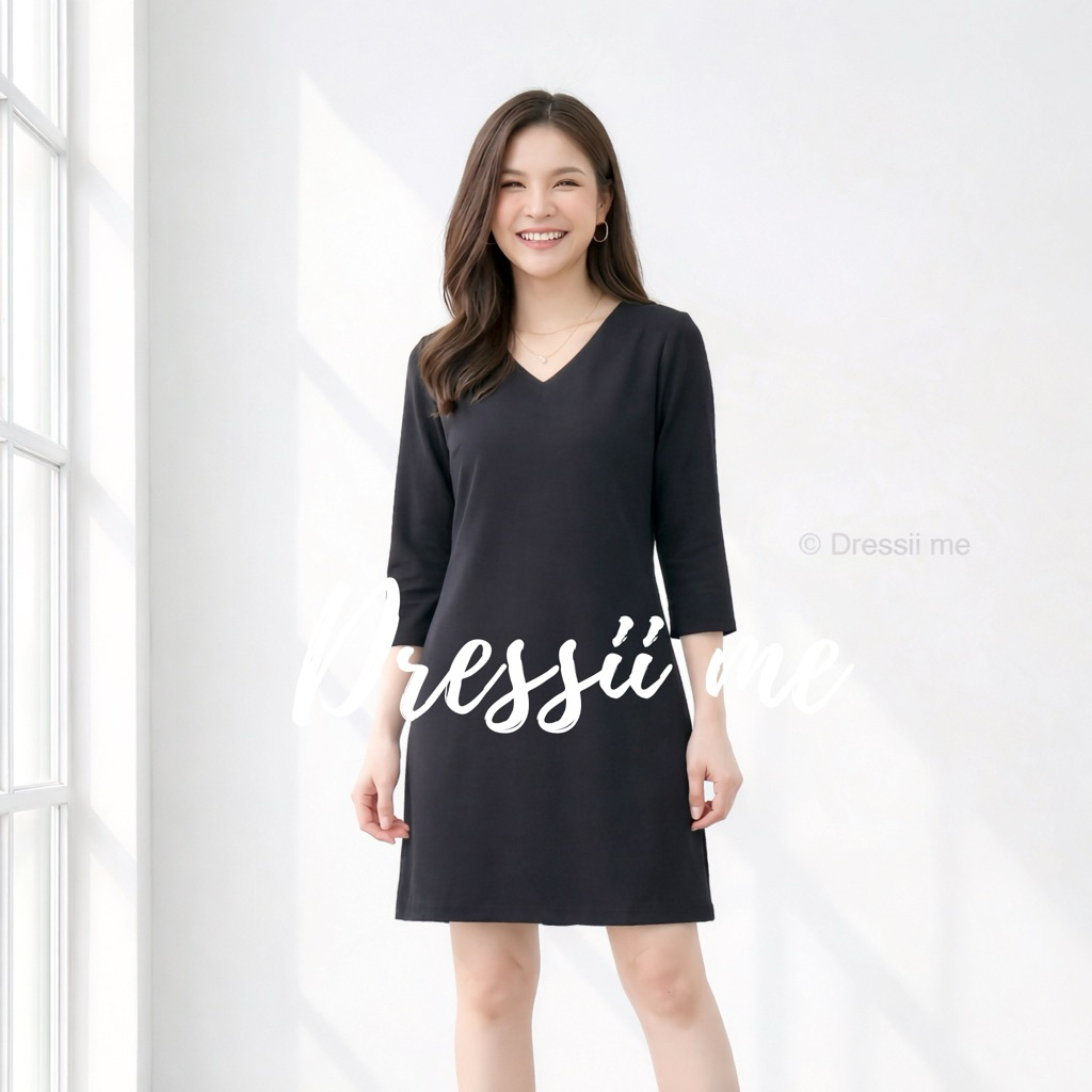 Basic Dress : เดรสคอวีแขน 5 ส่วน ทรงปล่อยใส่สบายๆ