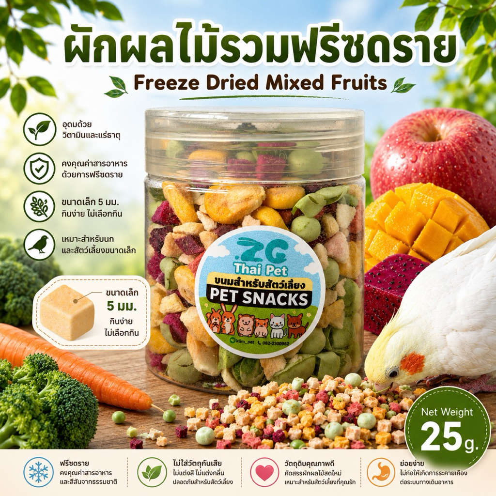 [ZC] ผักผลไม้รวมฟรีซดราย Freeze Dried Mix Fruits ผักผลไม้รวมฟรีซดรายสำหรับสัตว์เลี้ยงทุกชนิด กระปุกขนาด 25 g.