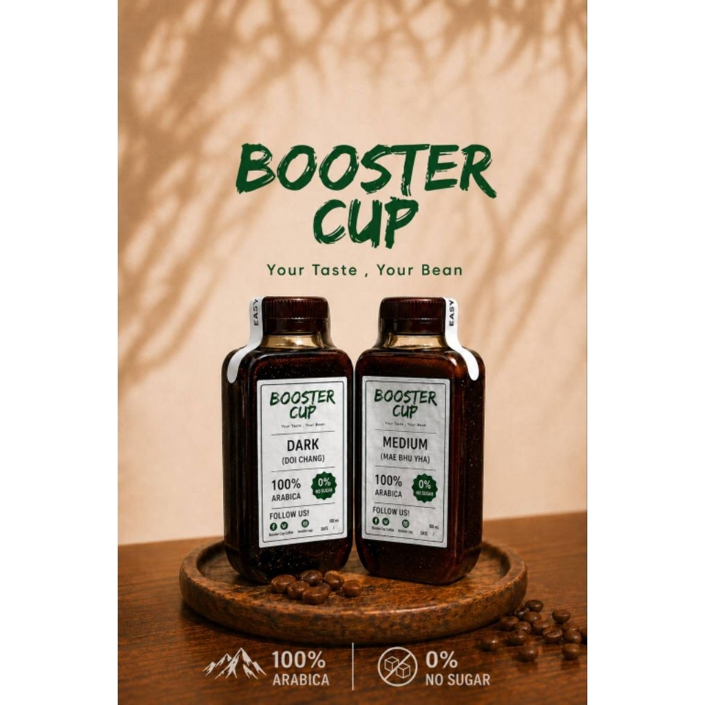 Booster Cup กาแฟพร้อมดื่ม ไม่ต้องผสมไม่มีน้ำตาล Arabica 100 % มี 2 ระดับ มีทั้งคั่วกลางและคั่วเข้ม 180 ML
