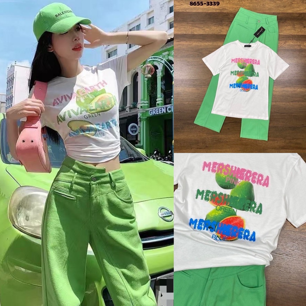 พร้อมส่ง เติม SL⚡️RM 8655 ชุดเซต เสื้อยืดสีขาวสกรีน+กางเกงยีนส์เดนิ่มสีเขียว สีสันสดใส
