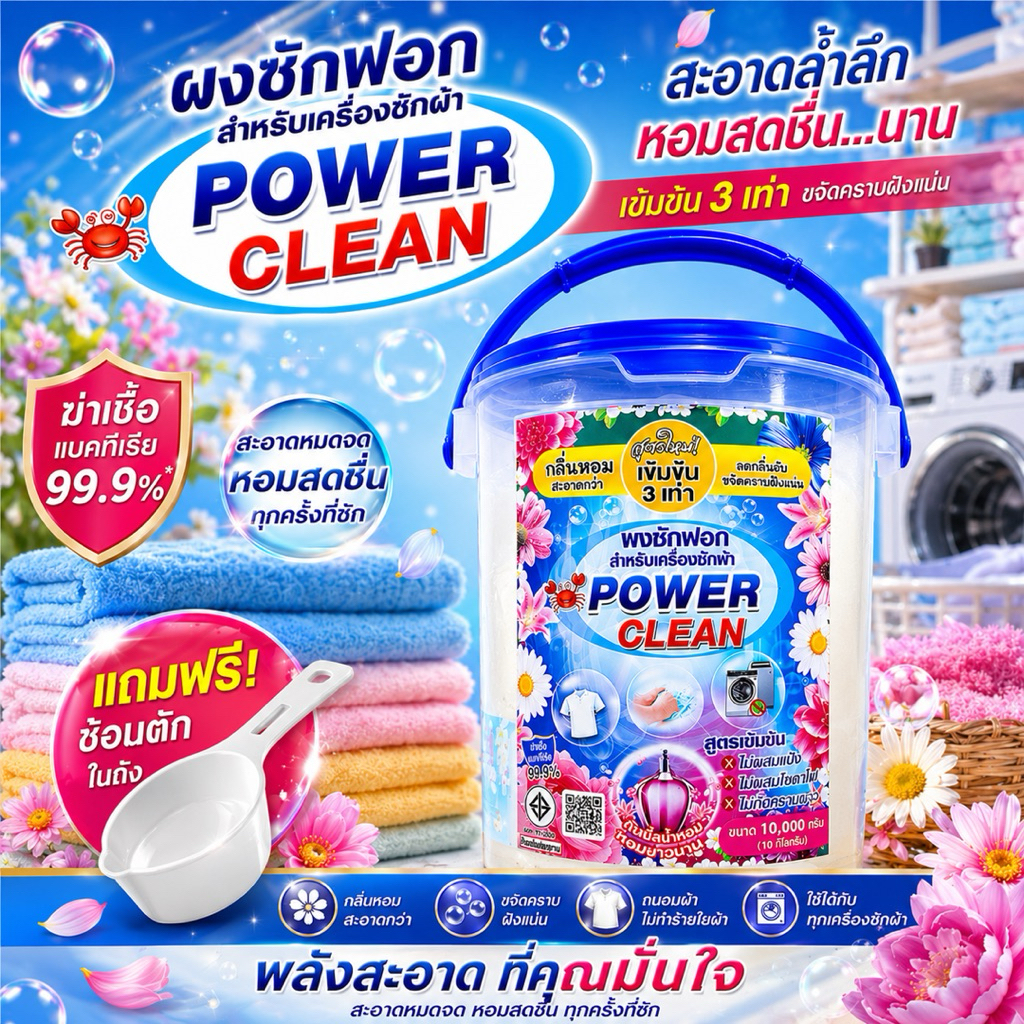 ผงซักฟอกถังใหญ่ๆขนาด10กิโลกรัม (10,000กรัม)สูตรดับเบิ้ลน้ำหอม แถมฟรีช้อนตัก